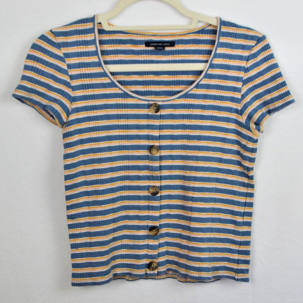 American Eagle Striped Button Front Striped Tee